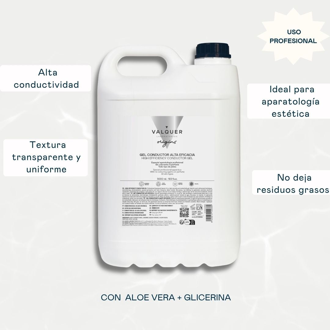 Gel conductor Valquer Origins 5000 ml con aloe vera y glicerina: alta conductividad, textura transparente y uniforme, ideal para aparatología estética, sin residuos grasos