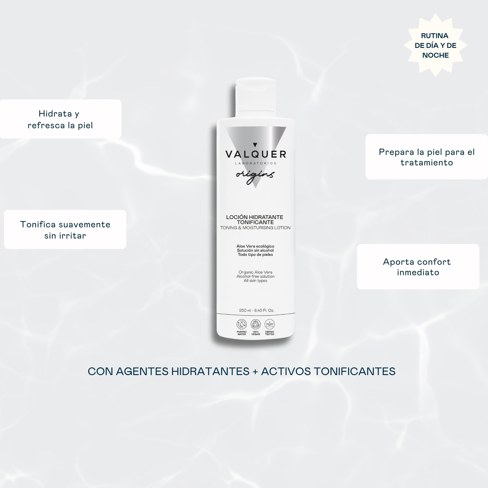 Beneficios de la loción facial hidratante tonificante: tonifica, hidrata sin alcohol, calma la piel y aporta frescor y confort