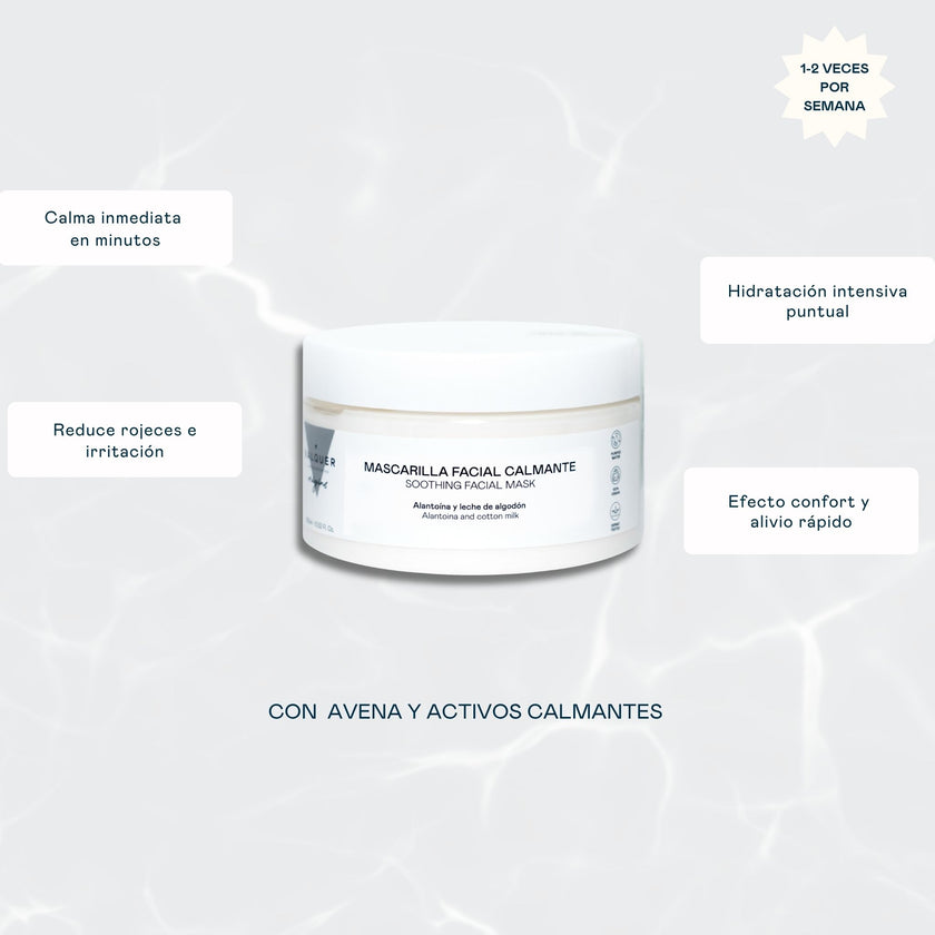 Beneficios de la mascarilla facial calmante: calma, hidrata, elimina impurezas, descongestiona la piel y aporta suavidad y confort