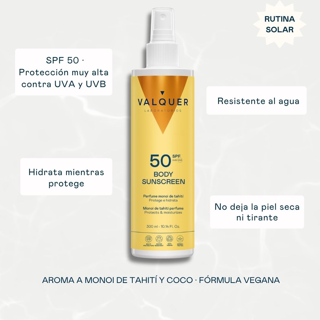 Beneficios del protector solar corporal SPF 50 Valquer: protección muy alta UVA/UVB, resistente al agua, hidrata mientras protege, no deja la piel seca ni tirante