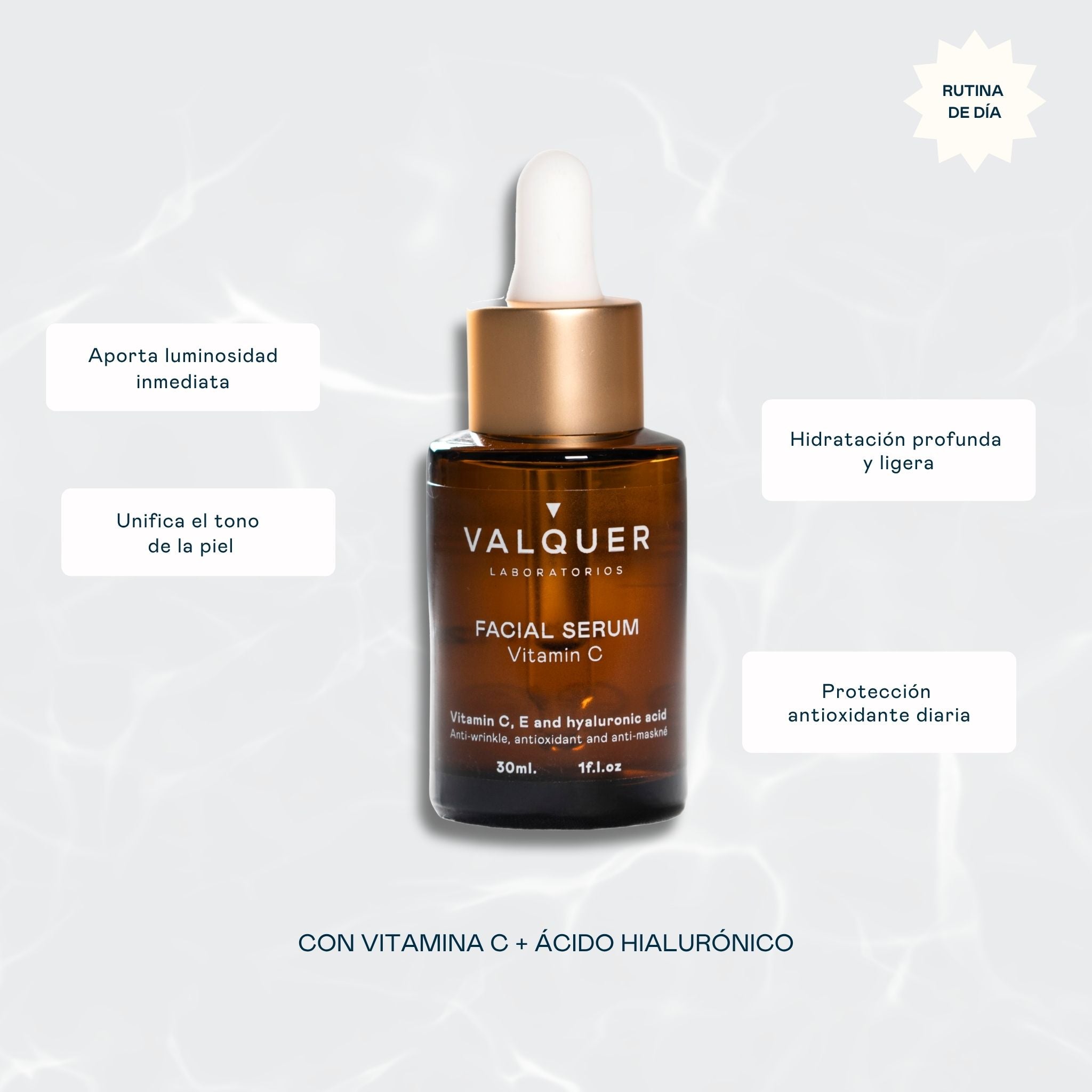 Beneficios del sérum facial Vitamina C y Ácido Hialurónico: aporta luminosidad, hidrata en profundidad, ayuda a suavizar arrugas y protege frente al estrés oxidativo