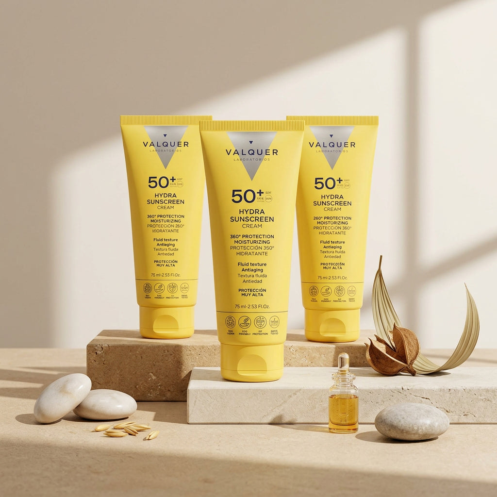 Bodegón del Pack x3 Hydra Sunscreen SPF 50+ de Valquer, crema solar facial hidratante de textura fluida.