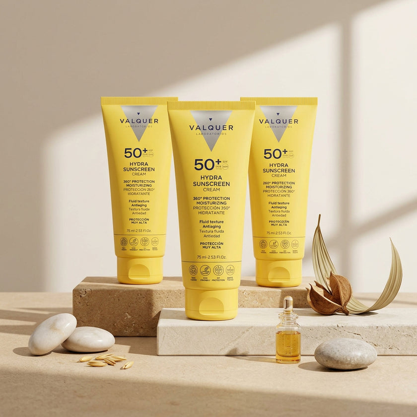 Bodegón del Pack x3 Hydra Sunscreen SPF 50+ de Valquer, crema solar facial hidratante de textura fluida.