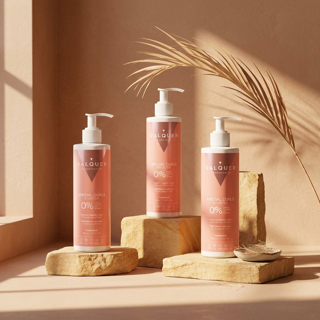 Bodegón del Pack x3 Special Curls Booster de Valquer con keratina vegetal y maíz para el cuidado del cabello rizado.