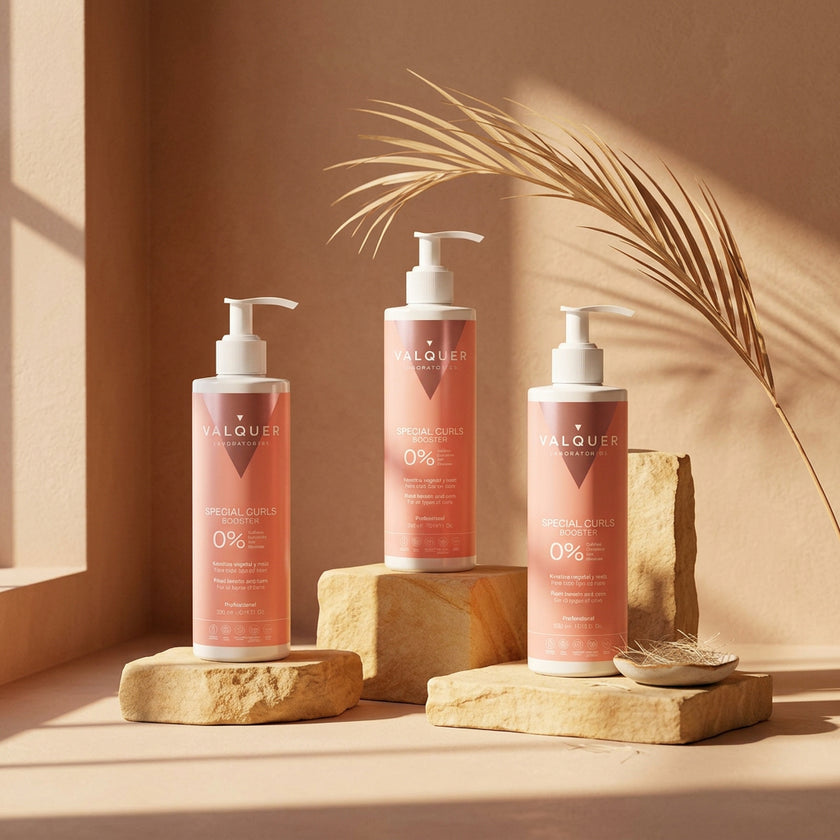 Bodegón del Pack x3 Special Curls Booster de Valquer con keratina vegetal y maíz para el cuidado del cabello rizado.