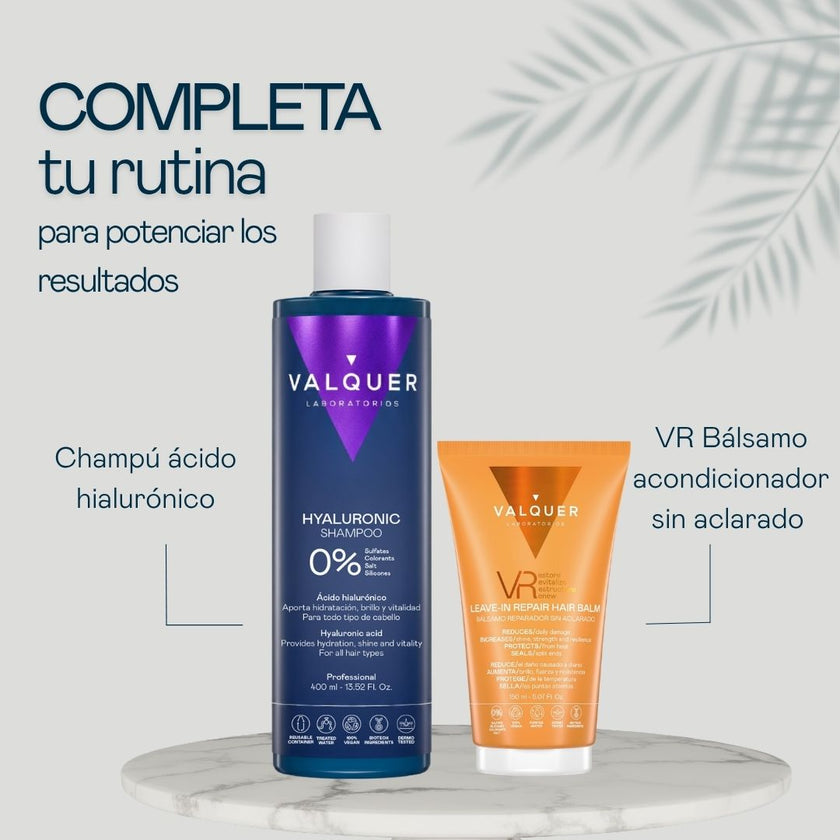 Champú con ácido hialurónico y VR Bálsamo reparador sin aclarado de Valquer para completar la rutina de hidratación con la mascarilla Hyaluronic