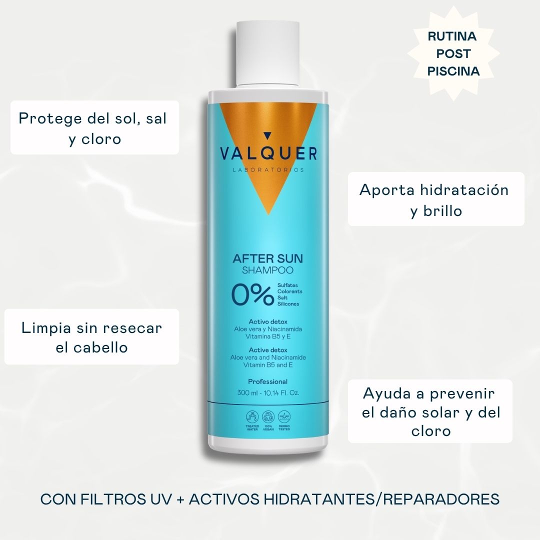 Champú After Sun Valquer para limpiar, hidratar y proteger el cabello tras la exposición al sol, la sal y el cloro