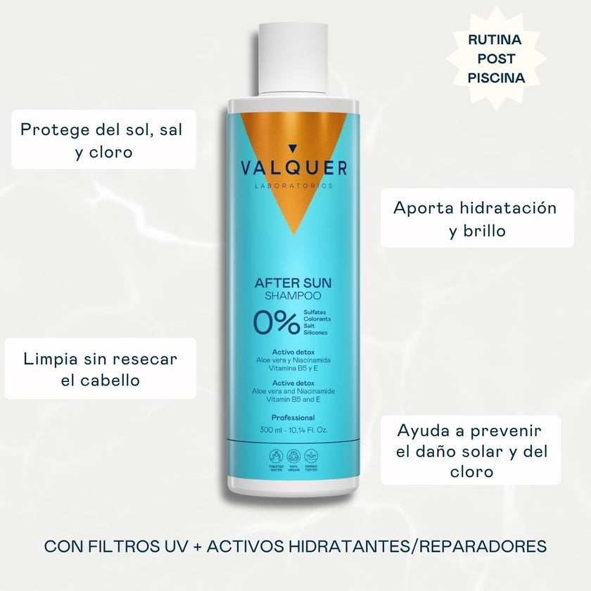 Champú After Sun Valquer para limpiar, hidratar y proteger el cabello tras la exposición al sol, la sal y el cloro