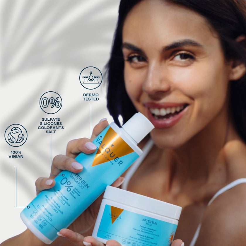 Champú After Sun Valquer vegano, dermatológicamente testado y sin sulfatos, siliconas, colorantes ni sal.