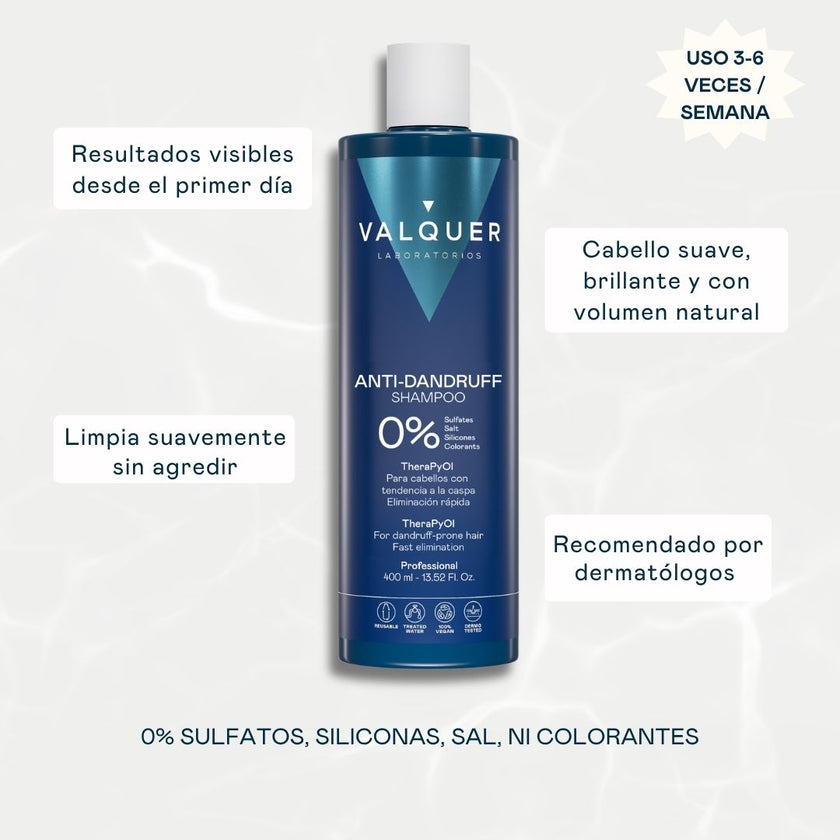 Champú Anti-Dandruff Valquer 400 ml con TheraPyOl: resultados visibles desde el primer día, limpia suavemente sin agredir, cabello suave y con volumen natural, recomendado por dermatólogos