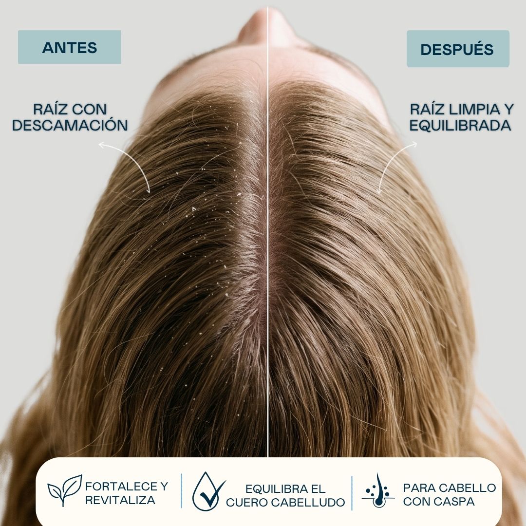 Antes y después del champú anticaspa Valquer: raíz con descamación transformada en raíz limpia y equilibrada