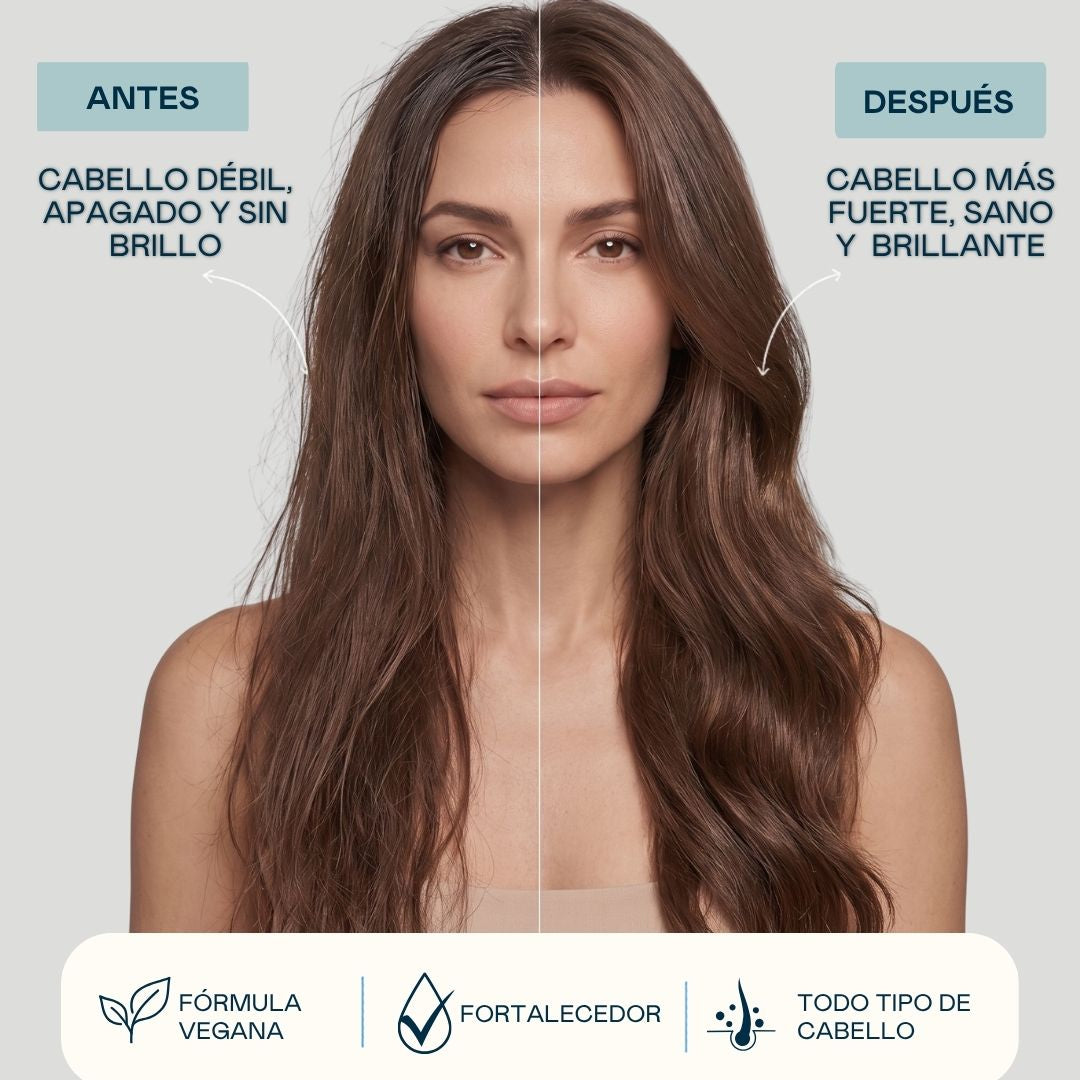 Antes y después del champú con biotina de Valquer: cabello débil y sin brillo frente a cabello más fuerte y brillante