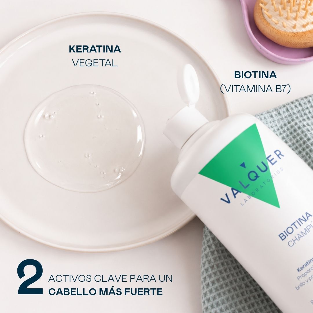 Textura en gel transparente del champú de Valquer con biotina (vitamina B7) y keratina vegetal para un cabello más fuerte