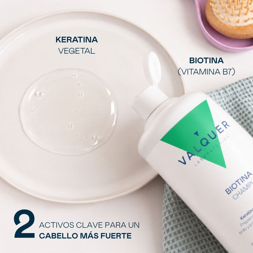 Textura en gel transparente del champú de Valquer con biotina (vitamina B7) y keratina vegetal para un cabello más fuerte