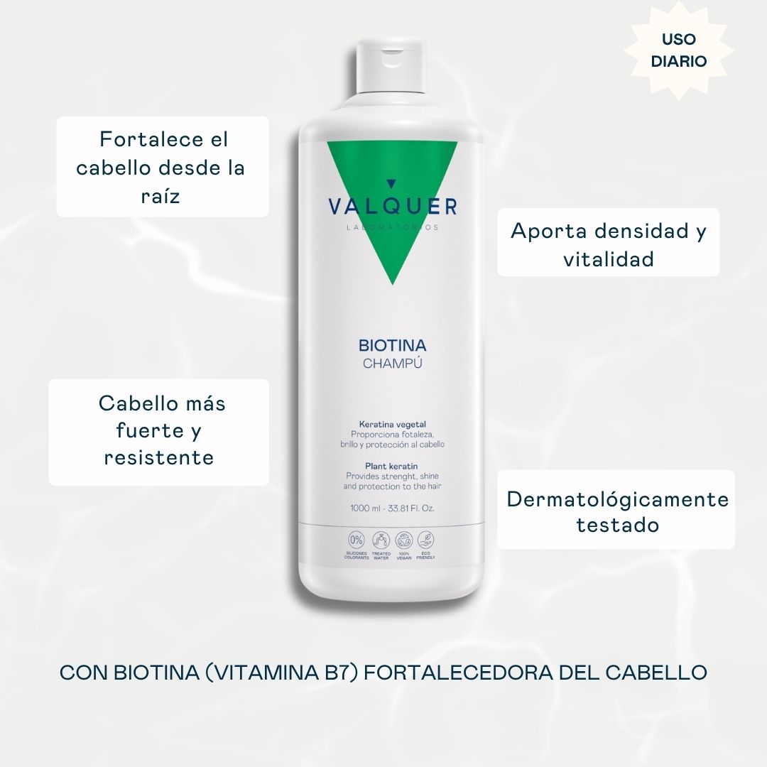 Champú con biotina (vitamina B7) de Valquer para uso diario: cabello más fuerte y resistente, dermatológicamente testado