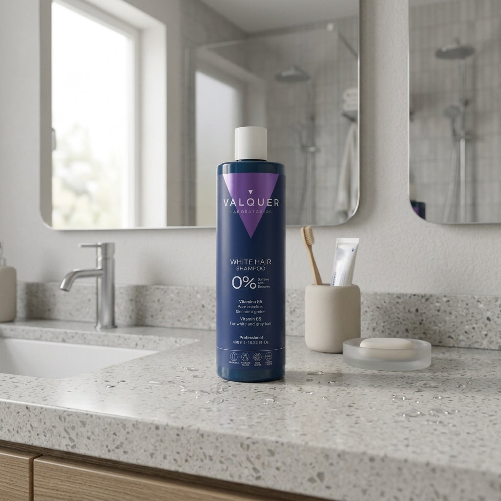 Champú Cabello Blanco y Gris 0% Sin Sulfatos de Valquer sobre encimera de baño