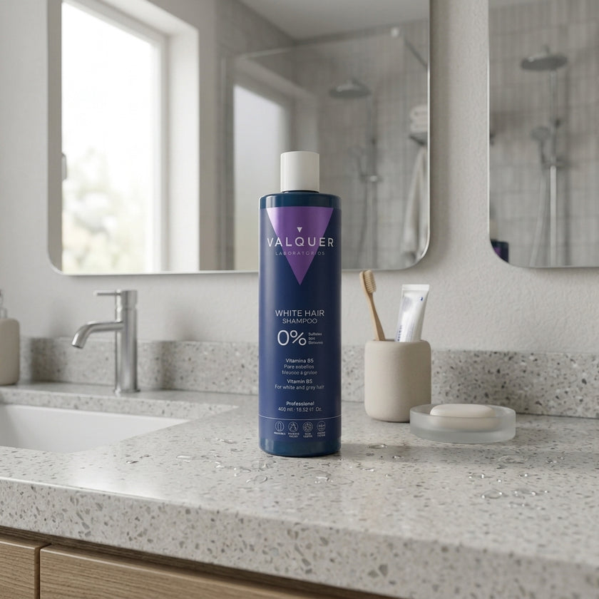 Champú Cabello Blanco y Gris 0% Sin Sulfatos de Valquer sobre encimera de baño