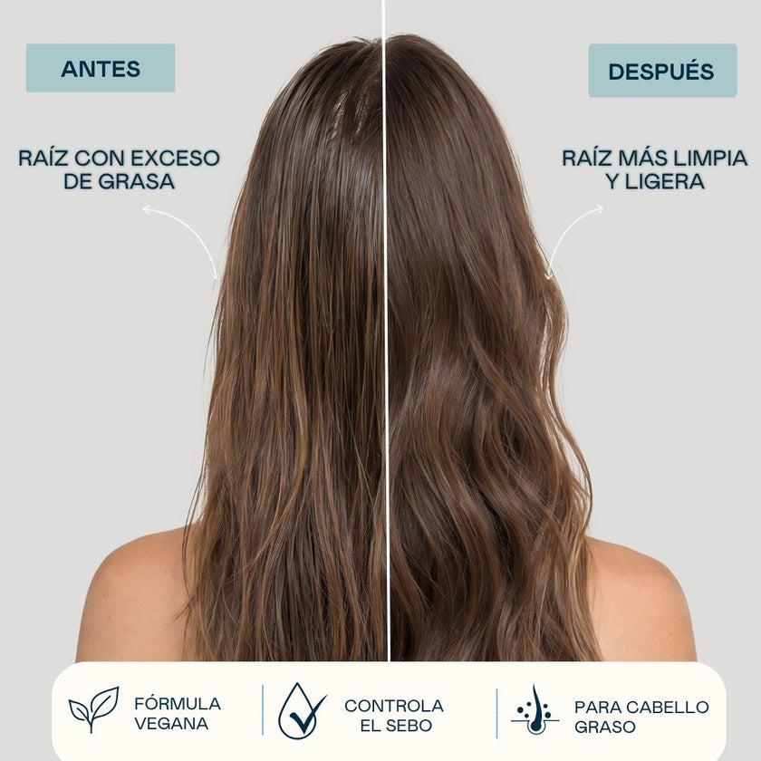 Antes y después del champú para cabello graso de Valquer: raíz con exceso de grasa frente a raíz más limpia y ligera
