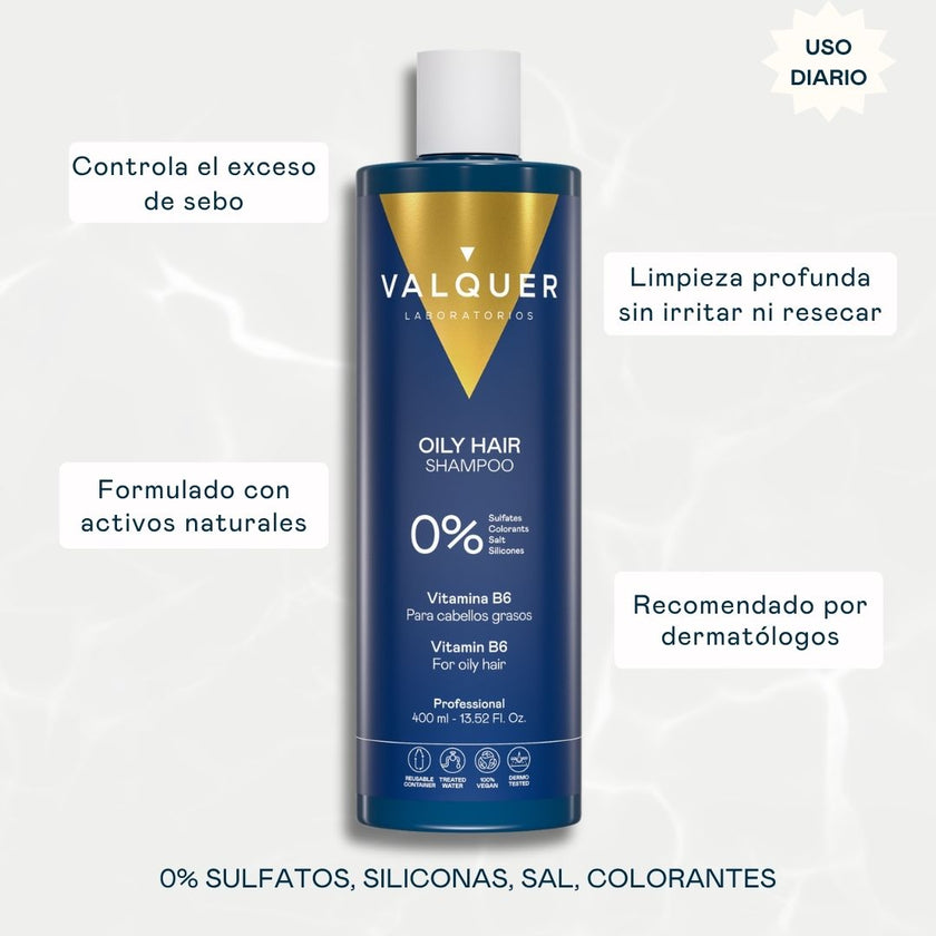Champú Oily Hair de Valquer para uso diario: controla el exceso de sebo y limpia sin resecar, 0 % sulfatos, siliconas, sal y colorantes