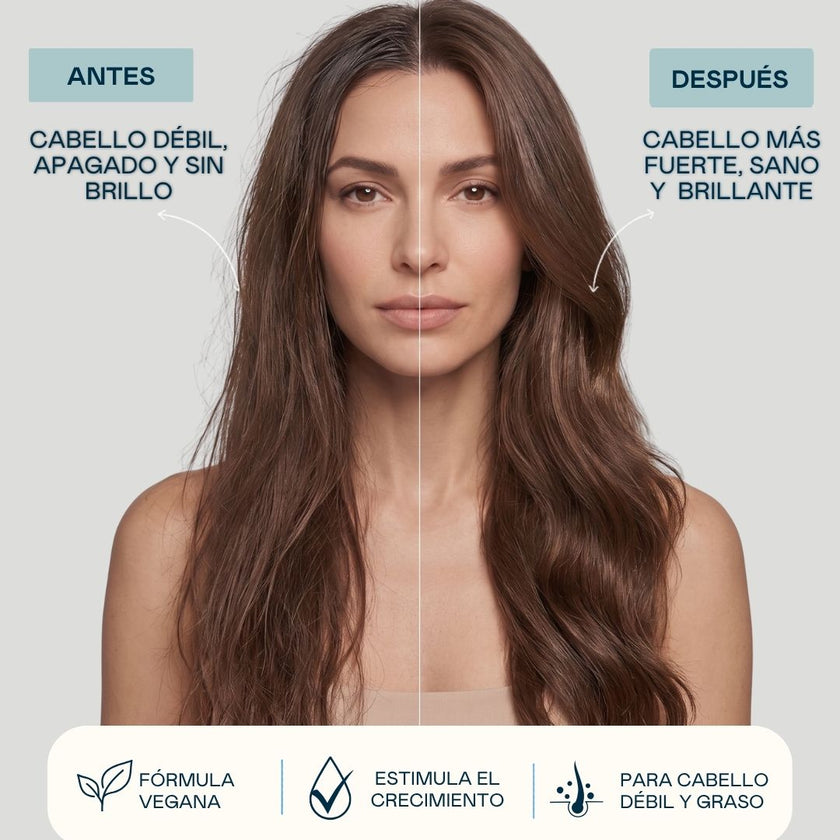 Champú de Cebolla Valquer antes y después: cabello débil y sin brillo transformado en cabello fuerte, sano y brillante