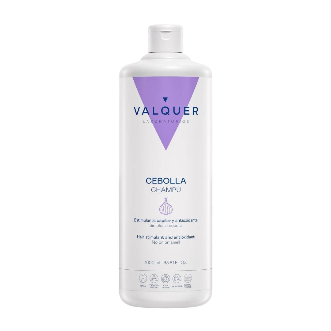 Packshot del champú de cebolla Valquer Laboratorios, formato 1000 ml, sin siliconas y 100% vegano