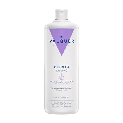Packshot del champú de cebolla Valquer Laboratorios, formato 1000 ml, sin siliconas y 100% vegano