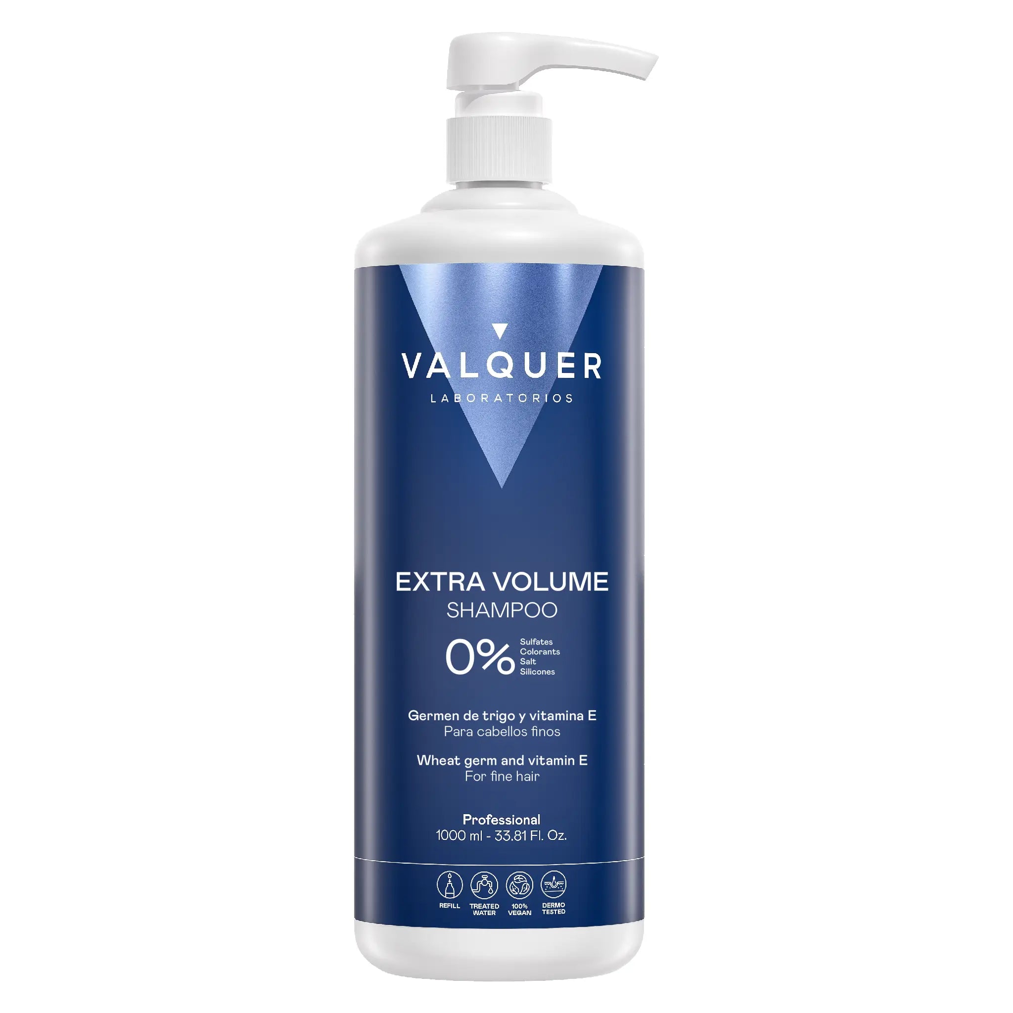 Champú Extra Volumen 0% Sin Sulfatos de Valquer sobre fondo blanco para cabellos finos