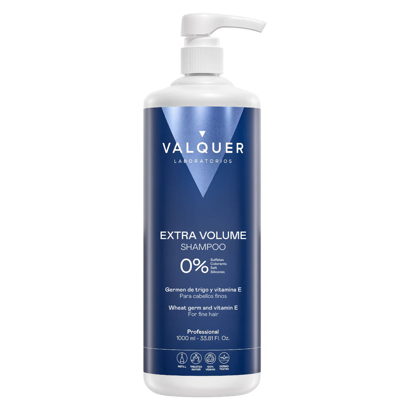 Champú Extra Volumen 0% Sin Sulfatos de Valquer sobre fondo blanco para cabellos finos