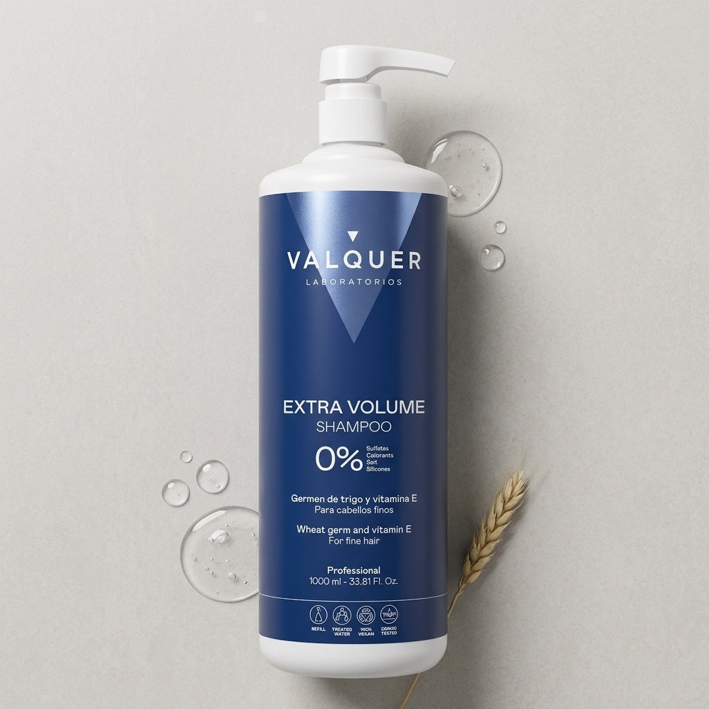 Champú Extra Volumen 0% Sin Sulfatos de Valquer con germen de trigo y vitamina E sobre fondo neutro