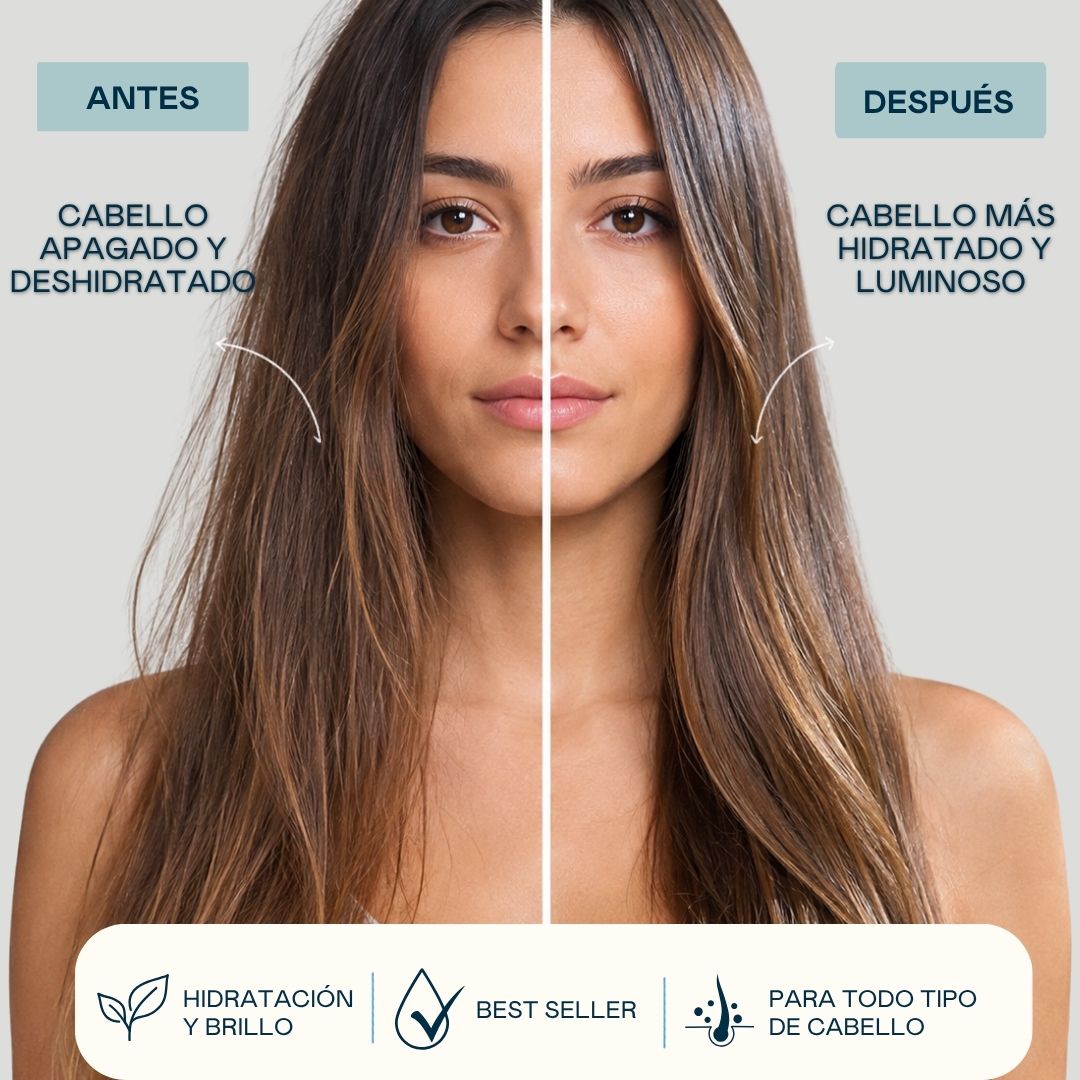 Antes y después del champú Hyaluronic Valquer: cabello apagado y deshidratado transformado en cabello más hidratado y luminoso, hidratación y brillo para todo tipo de cabello