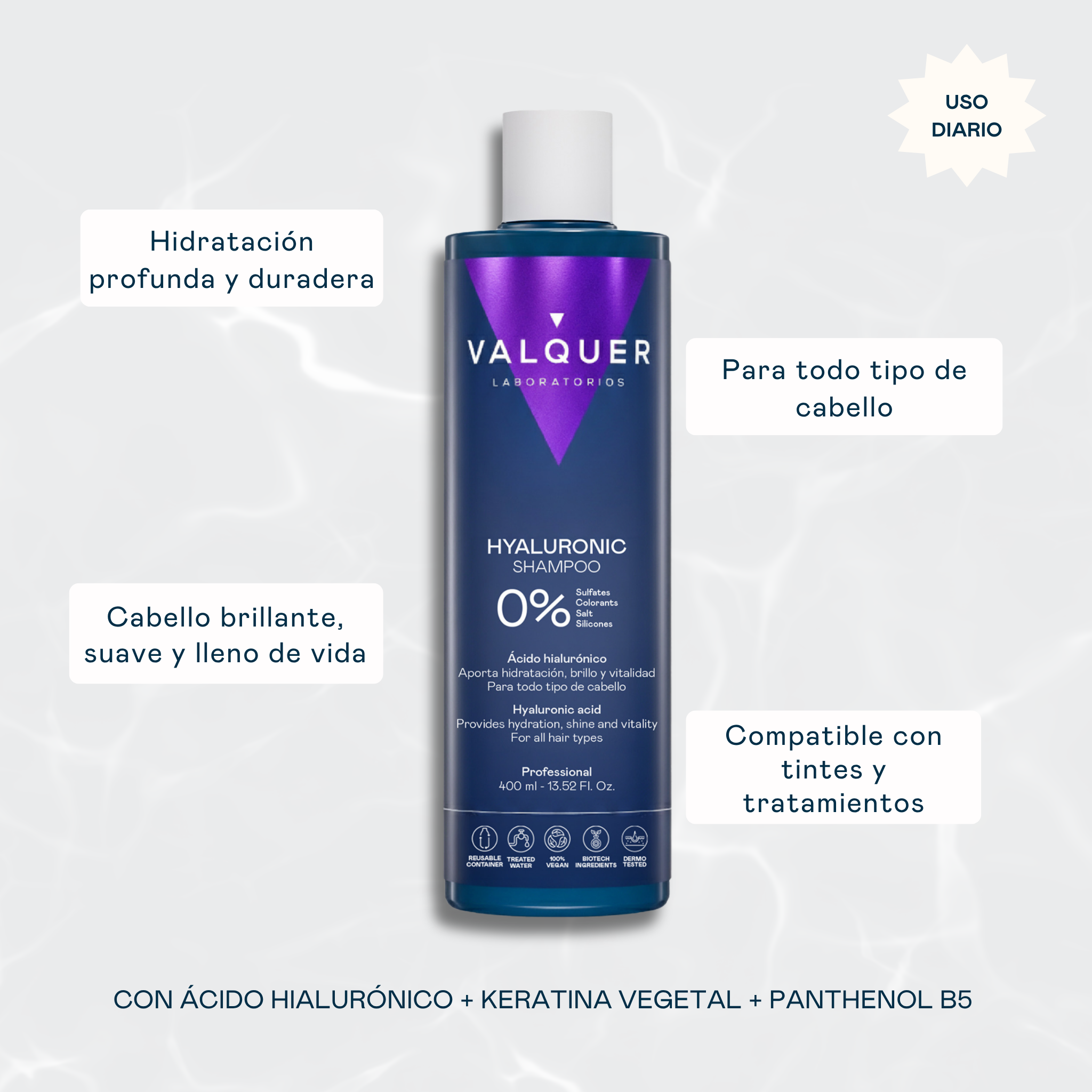 Champú Hyaluronic Valquer 400 ml con ácido hialurónico: hidratación profunda y duradera, cabello brillante y suave, compatible con tintes y tratamientos