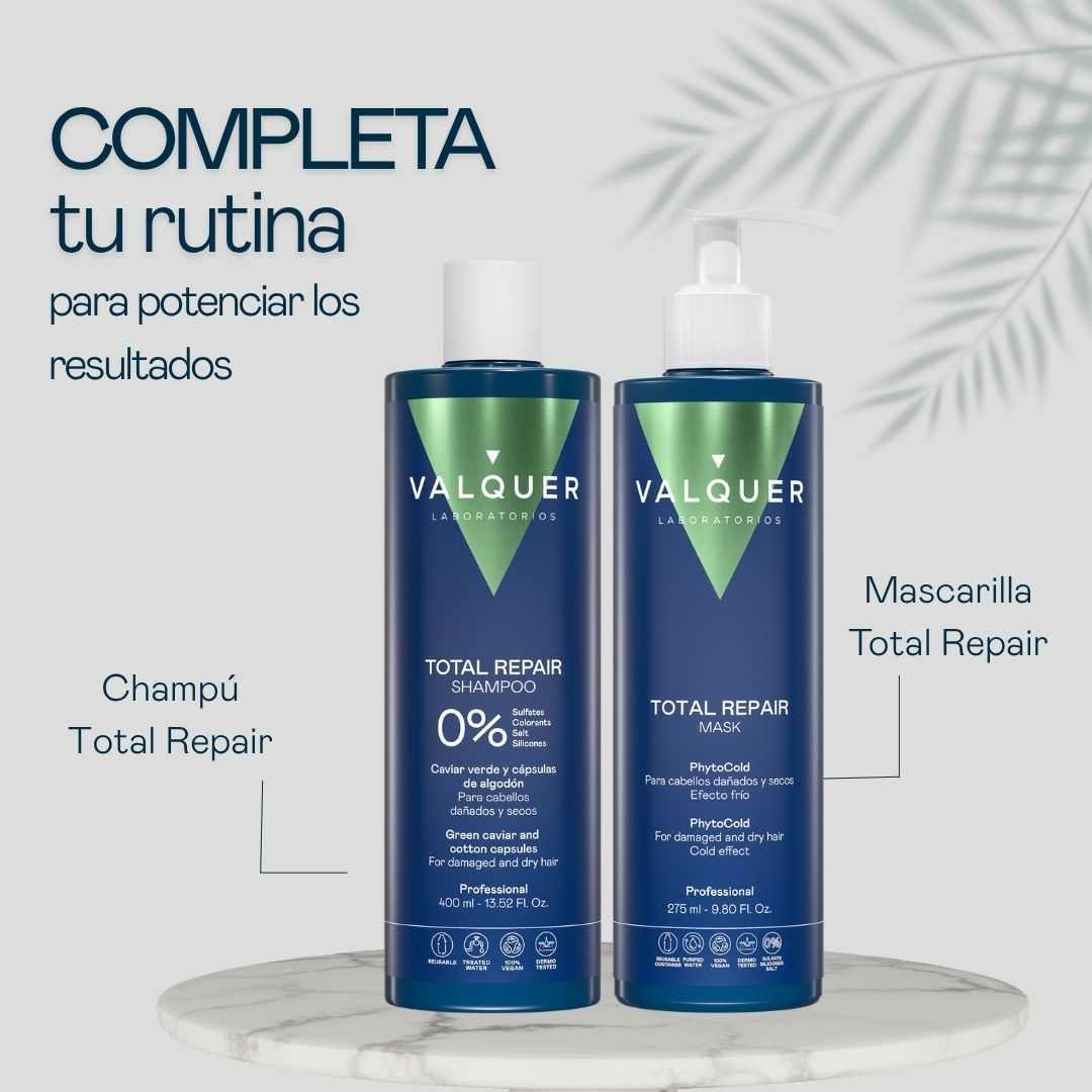 Champú Total Repair sin sulfatos y mascarilla Total Repair con efecto frío de Valquer para completar la rutina con keratina vegetal