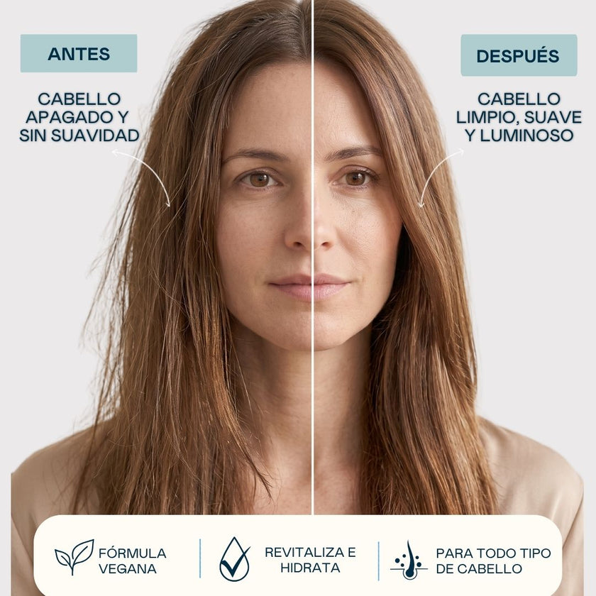 Champú pH Neutro Valquer antes y después: de cabello apagado y sin suavidad a cabello limpio, suave y luminoso