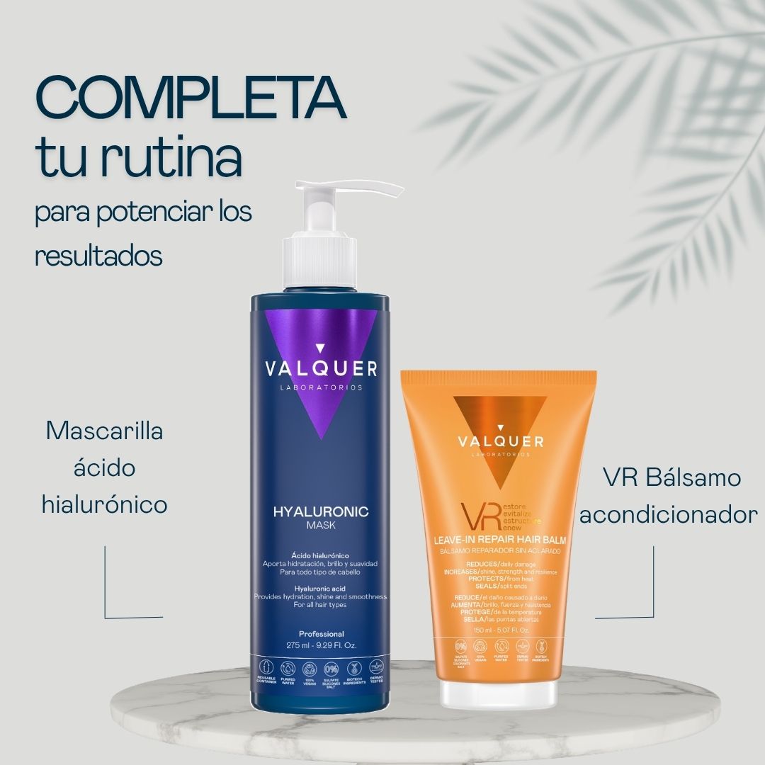 Champú pH Neutro Valquer junto a mascarilla de ácido hialurónico y bálsamo VR para completar la rutina