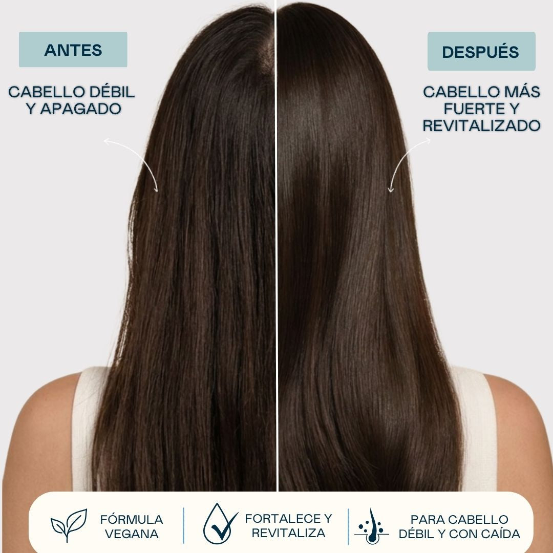 Antes y después del champú Placenta Vegetal de Valquer: cabello débil y apagado frente a cabello más fuerte y revitalizado