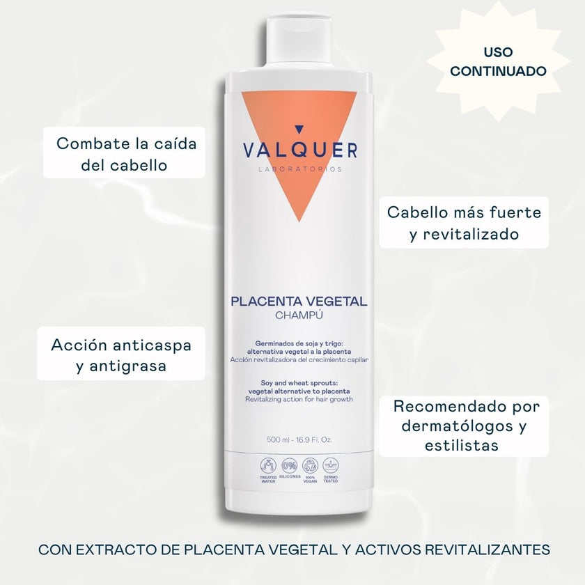 Champú Placenta Vegetal de Valquer para uso continuado: cabello más fuerte y revitalizado, sin siliconas