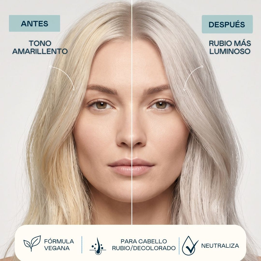 Antes y después del champú Silver Platinum Valquer: tono amarillento neutralizado en un rubio más luminoso