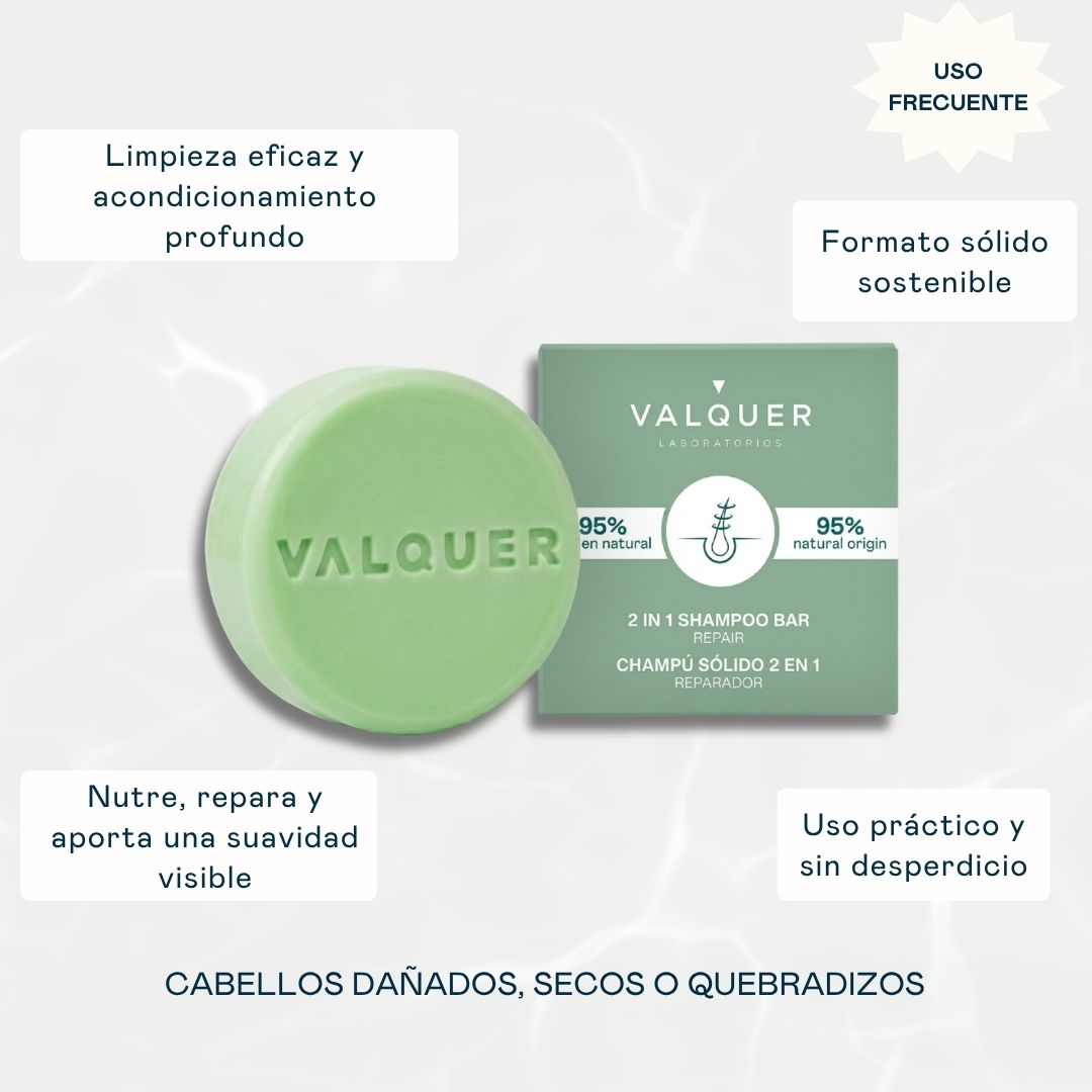 Champú sólido 2 en 1 de Valquer que limpia y acondiciona el cabello dañado, seco o quebradizo, de uso frecuente