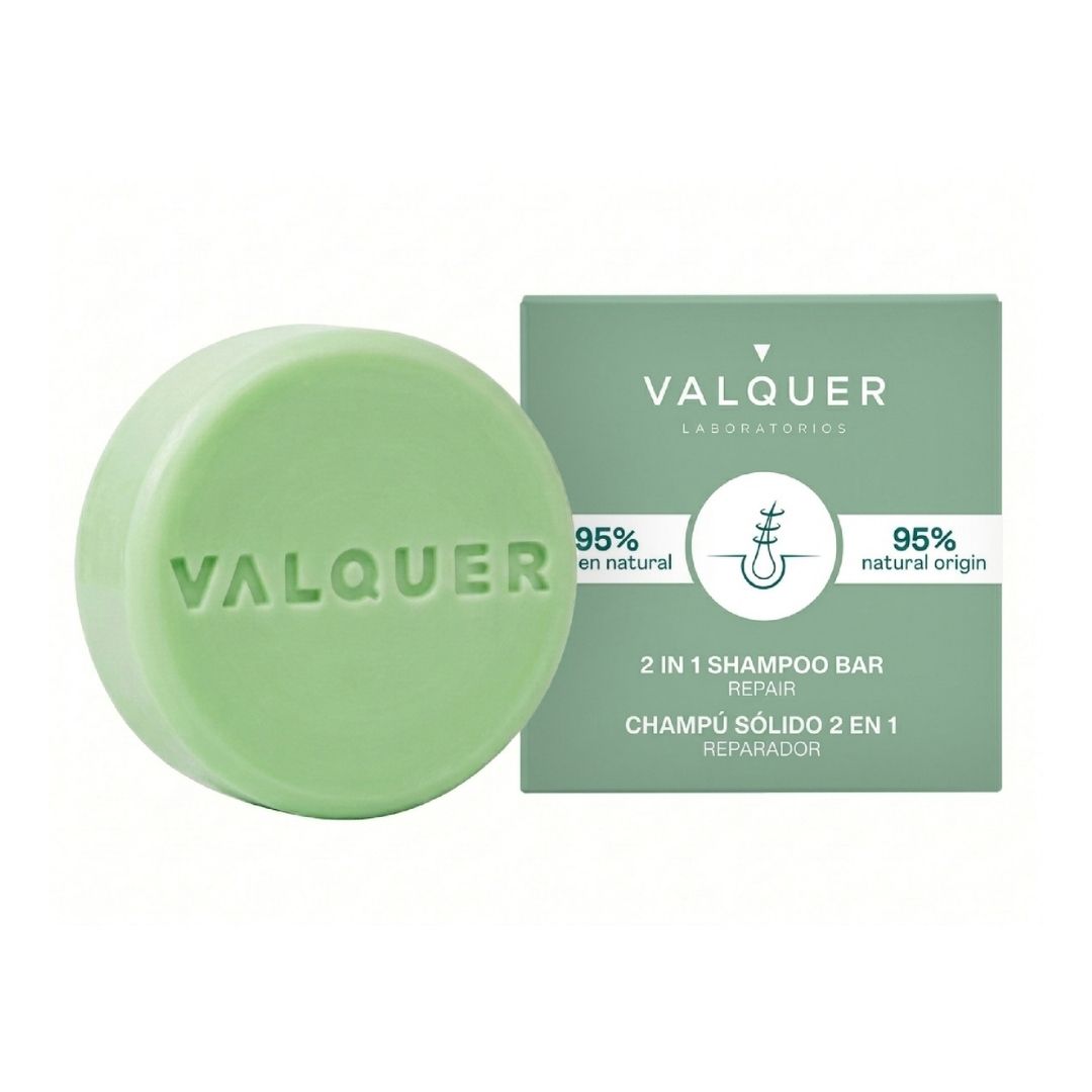 Champú sólido 2 en 1 reparador de Valquer para cabello dañado y seco, pastilla verde con estuche de cartón