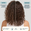 Antes y después del champú Special Curls Valquer: rizos secos y poco definidos transformados en rizos definidos, hidratados y flexibles