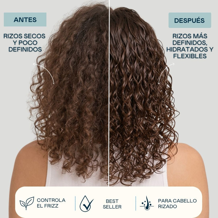 Antes y después del champú Special Curls Valquer: rizos secos y poco definidos transformados en rizos definidos, hidratados y flexibles