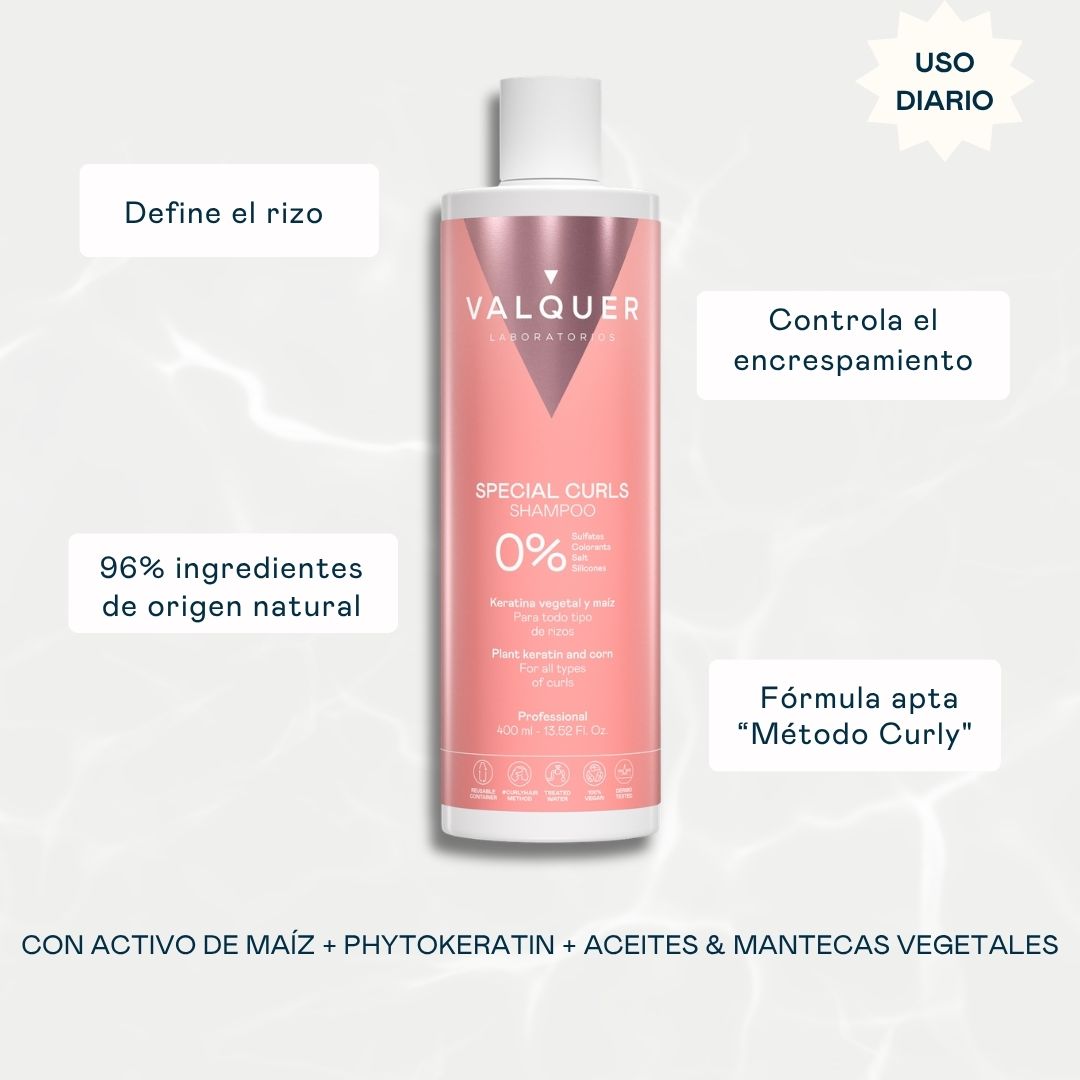 Champú Special Curls Valquer 400 ml con keratina vegetal y maíz: define el rizo, controla el encrespamiento, 96% ingredientes de origen natural, apto Método Curly