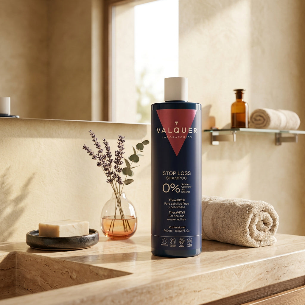 Champú Stop Loss 0% Sin Sulfatos de Valquer sobre encimera de baño para cabellos finos y debilitados