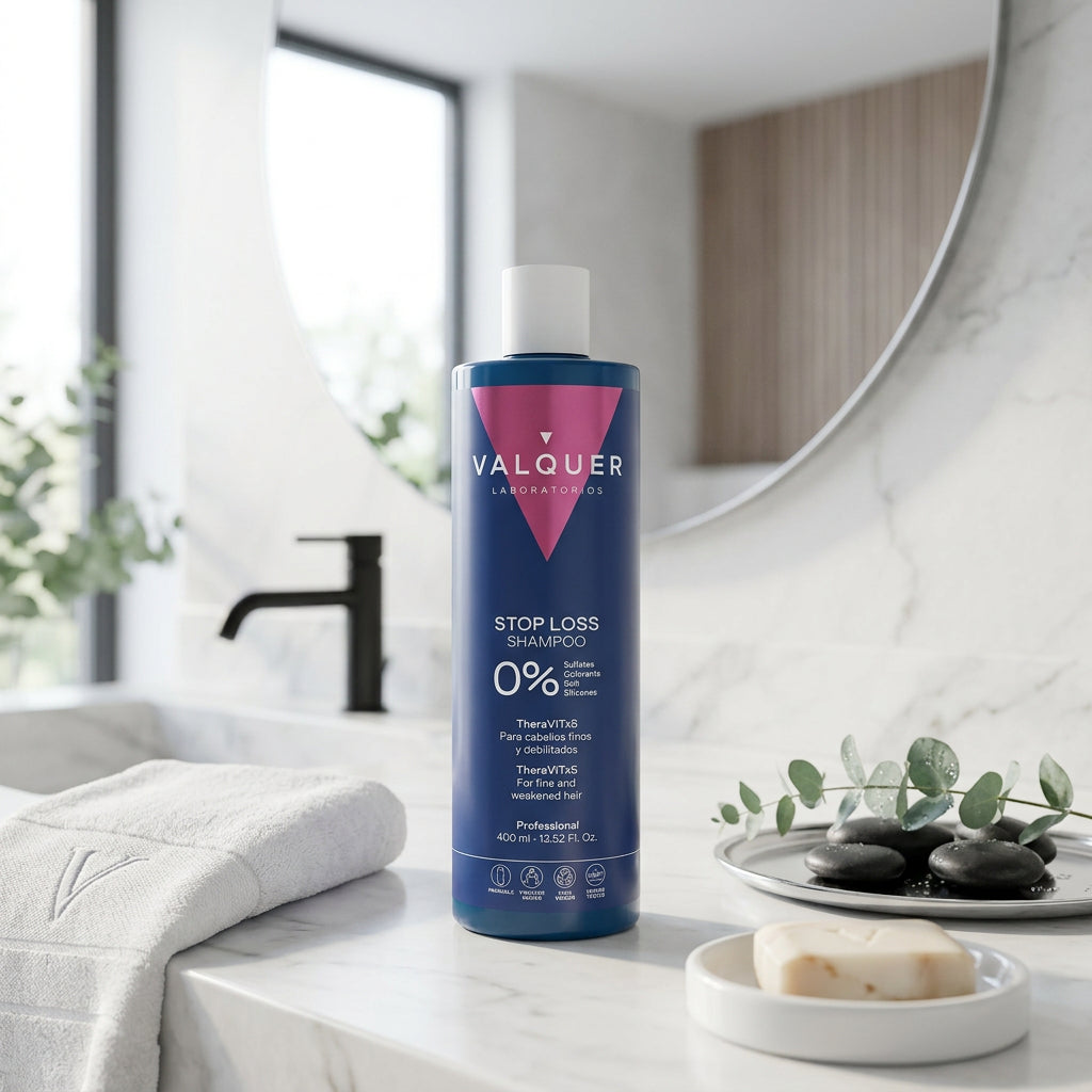 Champú Stop Loss 0% Sin Sulfatos de Valquer en baño con toalla y detalles naturales