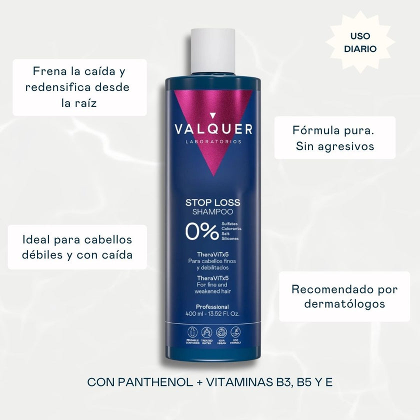 Champú Stop Loss anticaída Valquer 400 ml con TheraViTx5: frena la caída y redensifica desde la raíz, fórmula pura sin agresivos, ideal para cabellos débiles y con caída, recomendado por dermatólogos