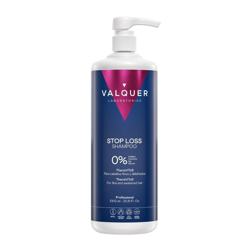 Packshot del champú anticaída Stop Loss Valquer, formato profesional de 1000 ml con dosificador, con TheraViTx5, para cabellos finos y debilitados