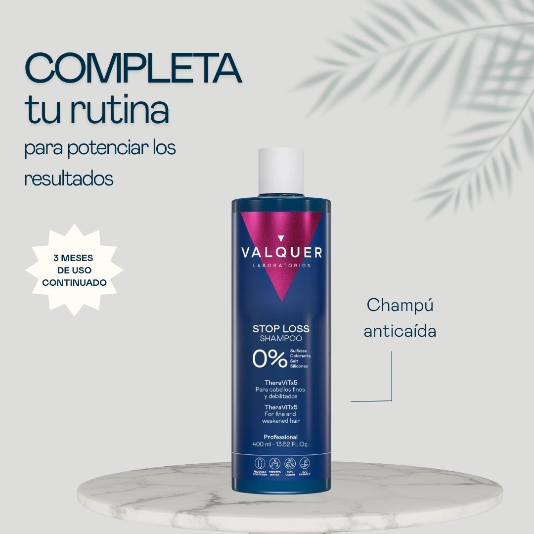 Champú anticaída Stop Loss Valquer 400 ml con TheraViTx5, para cabellos finos y debilitados, resultados en 3 meses de uso continuado