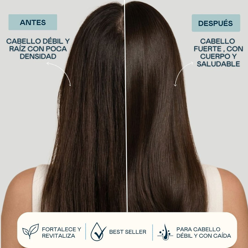 Antes y después del champú anticaída Stop Loss Valquer: cabello débil y con raíz de poca densidad transformado en cabello fuerte, con cuerpo y saludable
