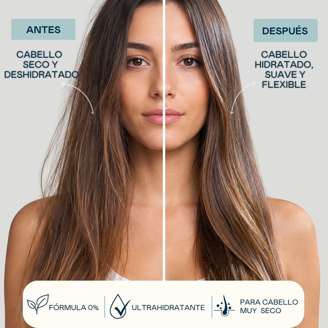 Antes y después del champú Ultra Hydrating Valquer: cabello seco y deshidratado transformado en cabello hidratado, suave y flexible