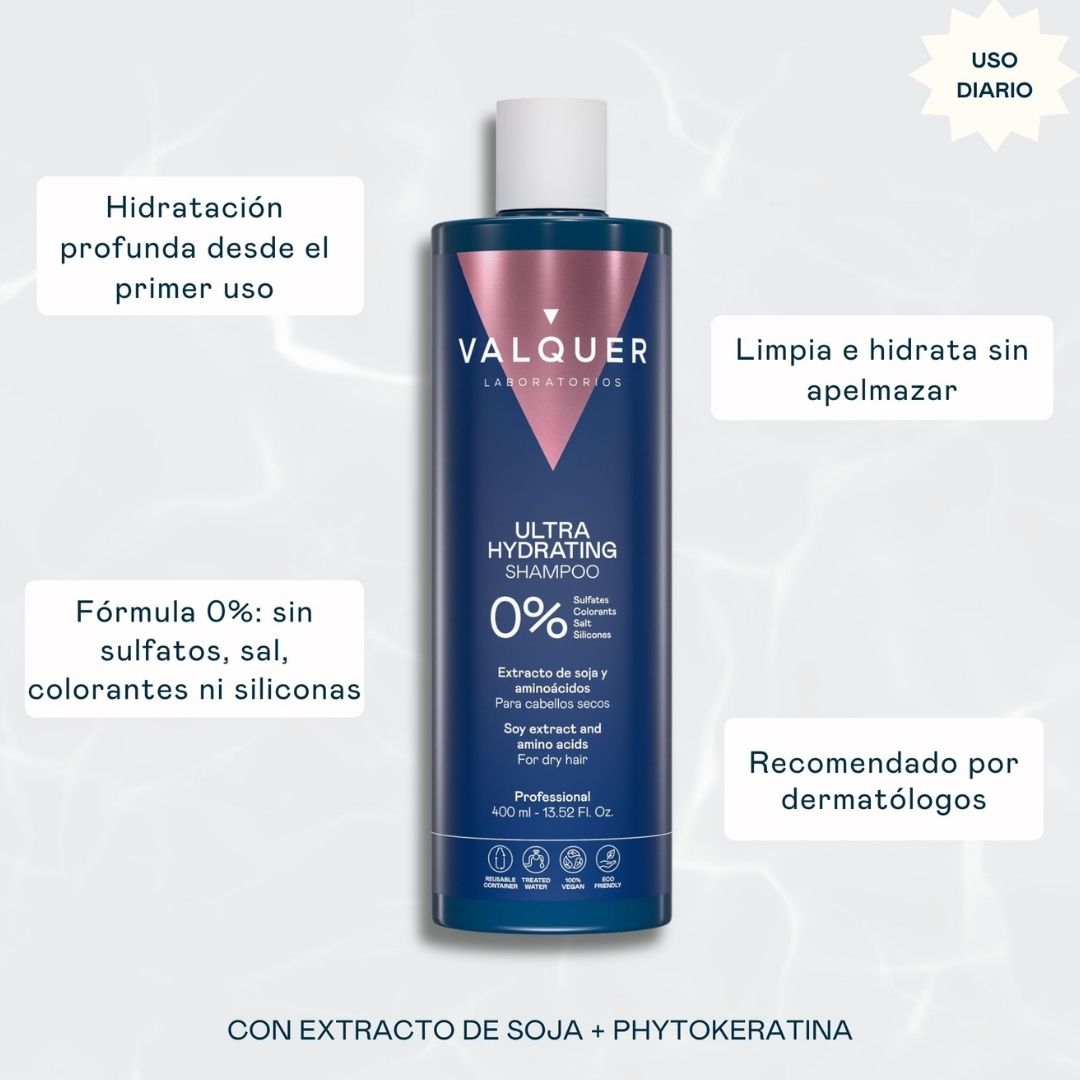 Champú Ultra Hydrating Valquer 400 ml con extracto de soja y phytokeratina: 0% sulfatos, sal, colorantes ni siliconas, hidratación profunda desde el primer uso